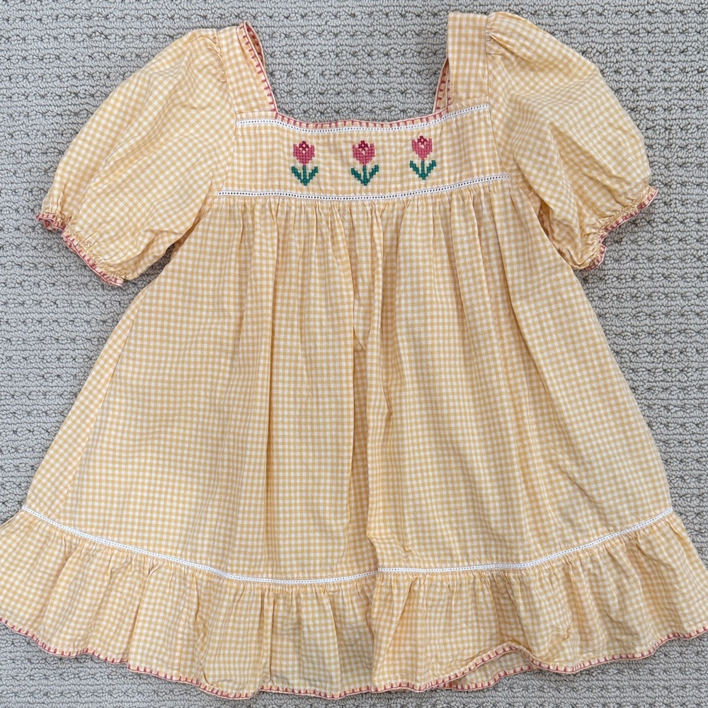 Emile et Ida Yellow Gingham Kids Dress with Floral Embroidery